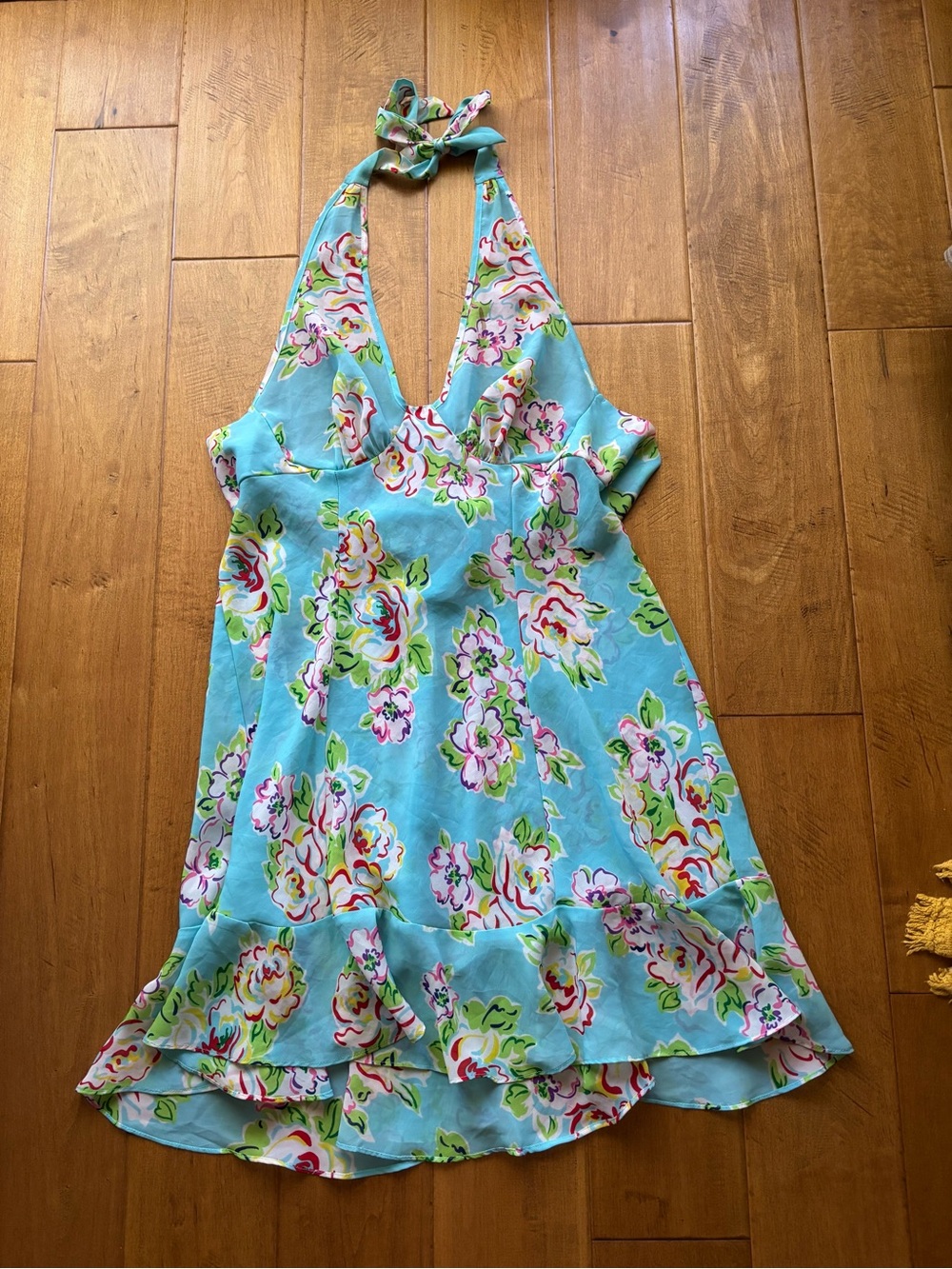 Blue floral halter slip dress with open back